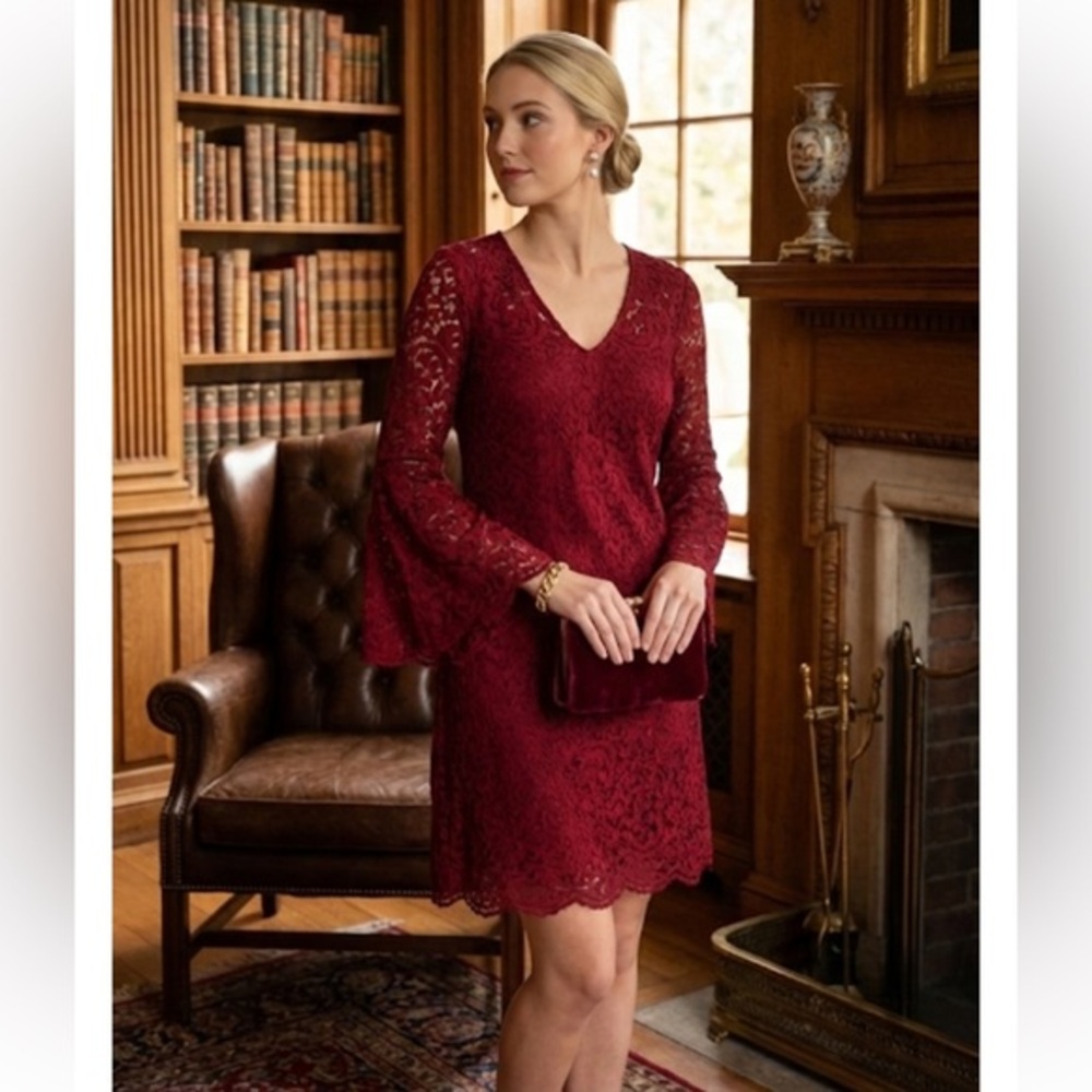White House Black Market Dark Red Floral Lace Bell Sleeve Lace Shift Dress Sz 0
